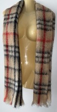 Vintage Plaid Scarf Made in Italy Wool Blend Beige Red Black Tartan Check Fringe picture