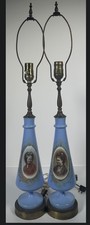 Antique Pair French Blue Opaline Glass Table Lamps Hand Painted Portrait Working picture