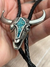Brass Western Longhorn Skull Bolo Tie Turquoise Enamel 36 inch Cord Made in USA picture