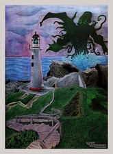 Hand painted Cthulhu artwork , watercolor, gouache, ink 36 in x 22 in portrait picture