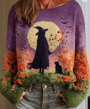 Women's Halloween Witch Black Cat Moon Knit Sweater Purple Green Pullover Fall picture