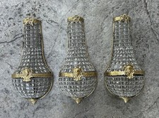 Vintage French Basket Wall Sconce Set Of 3 Brass w/ Faces, Bows, Crystals picture
