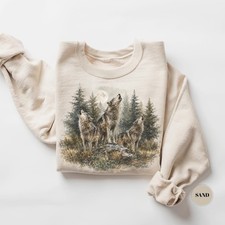 Vintage Three Wolves Howling Moon Forest Wildlife Nature T-Shirt Sweatshirt Hood picture