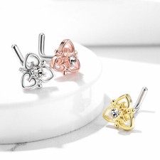 CZ & Heart Filigree Top 316L Surgical Steel L Bend Nose Studs Rings 20G  picture