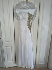 La Femme White Gold Beaded One Shoulder Formal Gown Size 2 picture