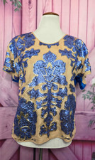 Neiman Marcus Tracy Reese Blue/Beige Floral Chiffon Sequin Blouse Size M picture