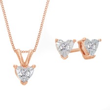 1/4Ct White Real Diamond 10K Rose Gold Solitaire Heart Pendant,Earrings Set-IGI- picture