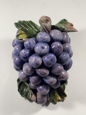 Vintage Italian Majolica Ceramic Grape Cluster Figurine Purple Grapes Leaves Ita picture