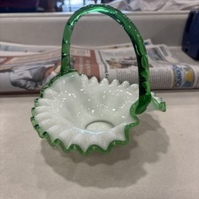 Vintage Fenton Emerald Crest Milk Glass Ruffled Basket picture