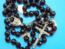 amazing ANTIQUE dark RED GARNET ROSARY / SILVER  CHERUB CENTER / SILVER CRUCIFIX picture