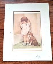 Vintage 1985 Bessie Gutmann 'In Disgrace' Baby Girl + Dog Print Matted Used picture