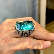Ottoman Style Men Silver Aquamarine Large Unique Men Ring picture
