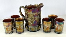 Northwood Carnival Glass Amethyst Grape And Cable Pitcher Tumblers Set 7 Pieces picture