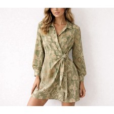 Rachel Zoe Dress Womens XS Green Geometric Wrap Shirt Long Sleeve Tie Mini picture