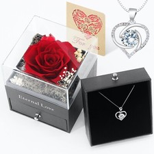 Preserved Eternal Real Rose Flower Gift Box With 14K Gold Plated Silver Necklace picture