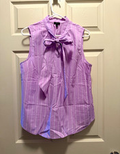 NWT Talbots Women’s Morning Stripe Tie-Neck Shell Wisteria picture