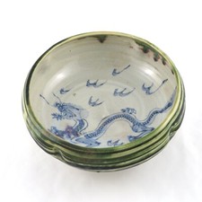 Vintage Japanese Oribe Stoneware Bowl Auspicious Guardian Dragon Tea Ceremony picture