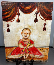 Vintage Naive Folk Art Wooden Panel Hand Painted Plaque Portrait of child & doll picture