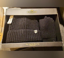 Coach Black Waffle Knit 3-Piece Accessory Set Hat Scarf Gloves - New In Gift Box picture