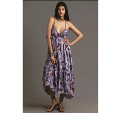 NWT By Anthropologie Sleeveless V-Neck A-Line Midi Dress $228 LARGE Blue Motif picture