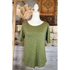 Loft Outlet Green Gold Polka Dot Cotton Slub Short Sleeve Top Small picture