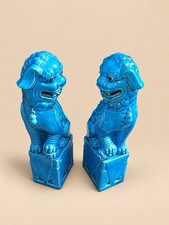 Pair  Vintage Chinese Turquoise Blue Glazed Porcelain Foo Dog Figures picture
