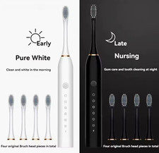 Sonic Electric Toothbrush 6 Modes Waterproof Rechargeable 4 Heads B/W picture