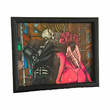 Framed Fantasy Illustration Drawing - Skeleton & Angel Couple Cityscape Scene picture