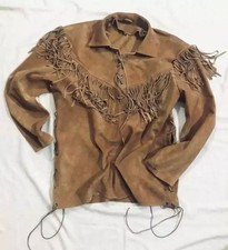 Mens Buckskin Leather Suede Jacket Fringes Deerskin Mountain Man Native American picture