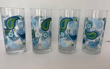 Vintage Libby Paisley Drinking Glasses Set of 4 Vibrant Turquoise & Lime MCM picture