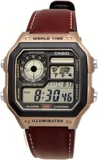 Casio Standard Digital World Time Leather Strap Quartz AE-1200WHL-5AV 100M Men S picture