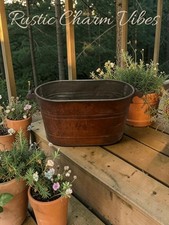 Antique Copper Tub Wash Boiler Metal Tub W/Black Handles 22x12x12 picture