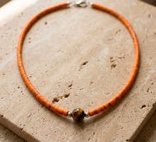 Handmade Orange Howlite Necklace Tiger Eye Gemstone Beaded OOAK Gift Women picture