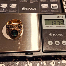 Jostens 10K Yellow Gold Class Signet Ring Green Round Stone Bezel Size 9.5 1993 picture
