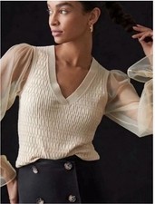 ANTHROPOLOGIE MAEVE Sheer  Sleeve Textured Knit Top Cream $148 Castlecore Sz L picture