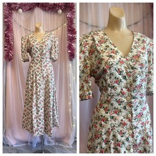 Vintage 90s Floral Print Maxi Dress White Button Front Grunge Cottage Whimsy M/L picture