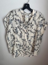 Club Monaco Silk Blouse Size M Floral Print Cream Blue Short Sleeve picture