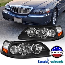 Fits 2005-2011 Lincoln Town Car Black Front Headlights Signal Lamps Pair L+R picture