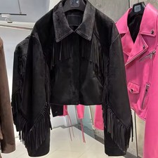 Women's Fringe Suede Leather Jacket Black Cropped Western Retro Style Jacket picture
