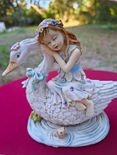 Vintage Enesco Lisa Jane Sleeping Fairy on Flower Swan Resin Figurine 2000 picture