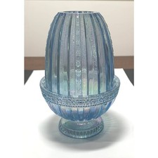 FENTON Misty Ice Blue Iridescent Faberge Egg Shape Fairy Lamp Light Tulip Ribbed picture