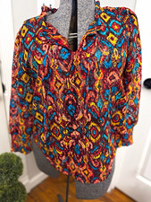 Cato Womens Multicolor Geometric Lace Sheer V-Neck 3/4 Sleeve Blouse M picture