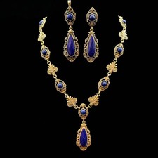 Vintage Lapis Lazuli Jewelry Set Gold Statement Necklace Earrings Royal Blue picture