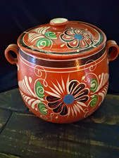 Vintage Mexican Redware Bean Pot. Hand Painted Floral Folk Art. Tonala,Mexico picture