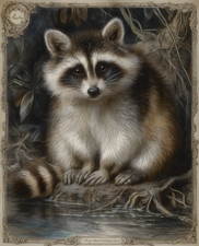 Young Raccoon at Shadowy Water in Ornate Forest Frame Print - 110193560 picture