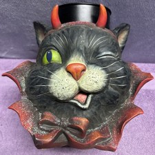 VTG Halloween Winking Black Cat w/ Devil Horns Candle Holder Centerpiece picture