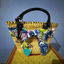 Brighton Small Straw Woven Top Handle Satchel Beige Floral Bow Dust Bag picture