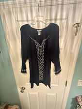 Catherines Navy Blue Rayon Embroidered Split Neck Tunic Top Size OX picture