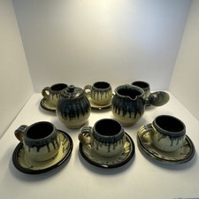 Vintage Studio Art Pottery Espresso Set Drip Glaze Stoneware Cup Saucers Creamer picture