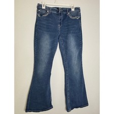 Vintage Almost Famous Flare Jeans Medium Wash Blue Embroidered Pockets Size 13 picture